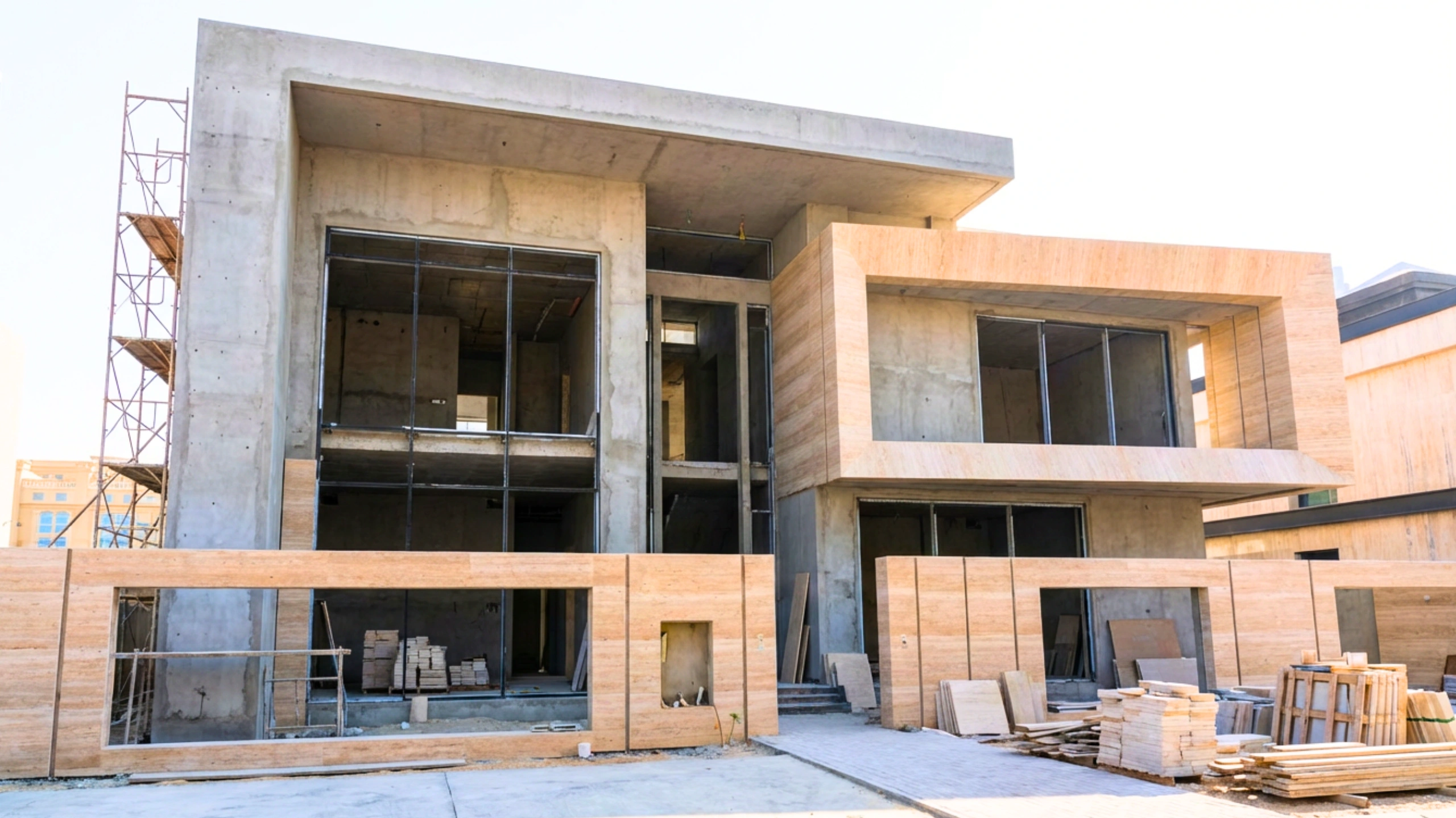 Al Wasl villa aluminium and glass installation under construction by OBA Aluminium & Glass UAE