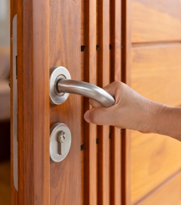 Close-up of a modern aluminium door handle on a custom entrance door in Dubai