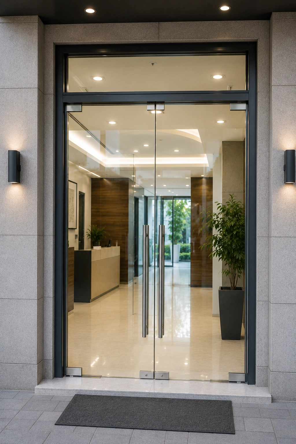 Modern Glass Doors in Dubai with aluminium framing at a commercial building entrance.