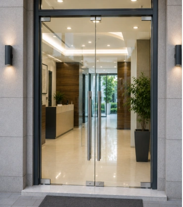 Modern Glass Doors in Dubai with aluminium framing at a commercial building entrance.