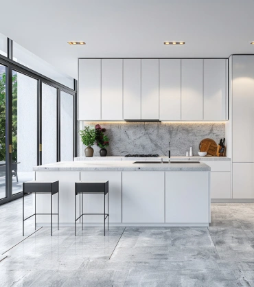 White aluminium kitchen cabinets in Dubai with a modern minimalist kitchen island