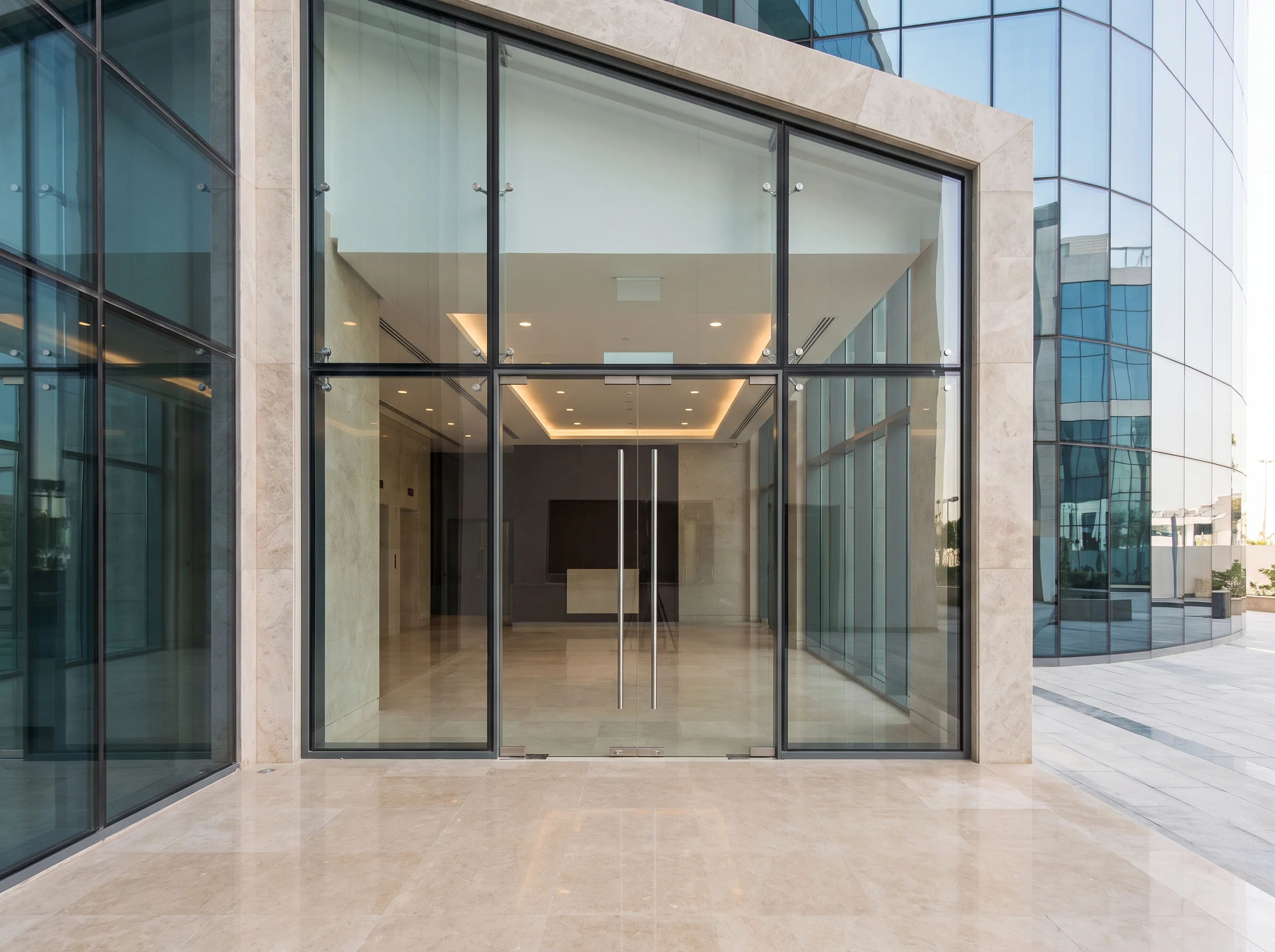 Aluminium-framed glass entrance doors in a modern building