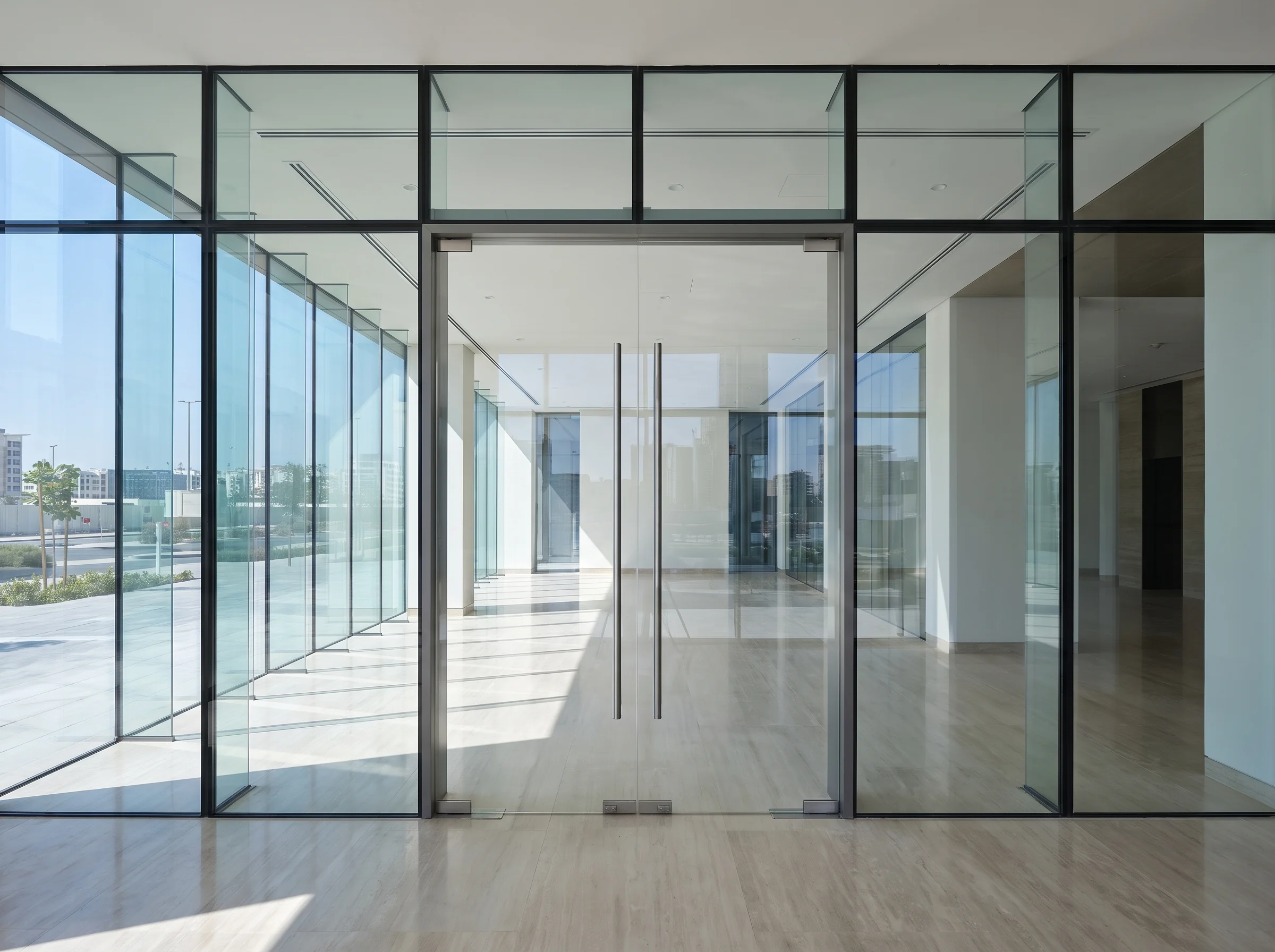 Custom glass door system with slim aluminium framing in a modern interior