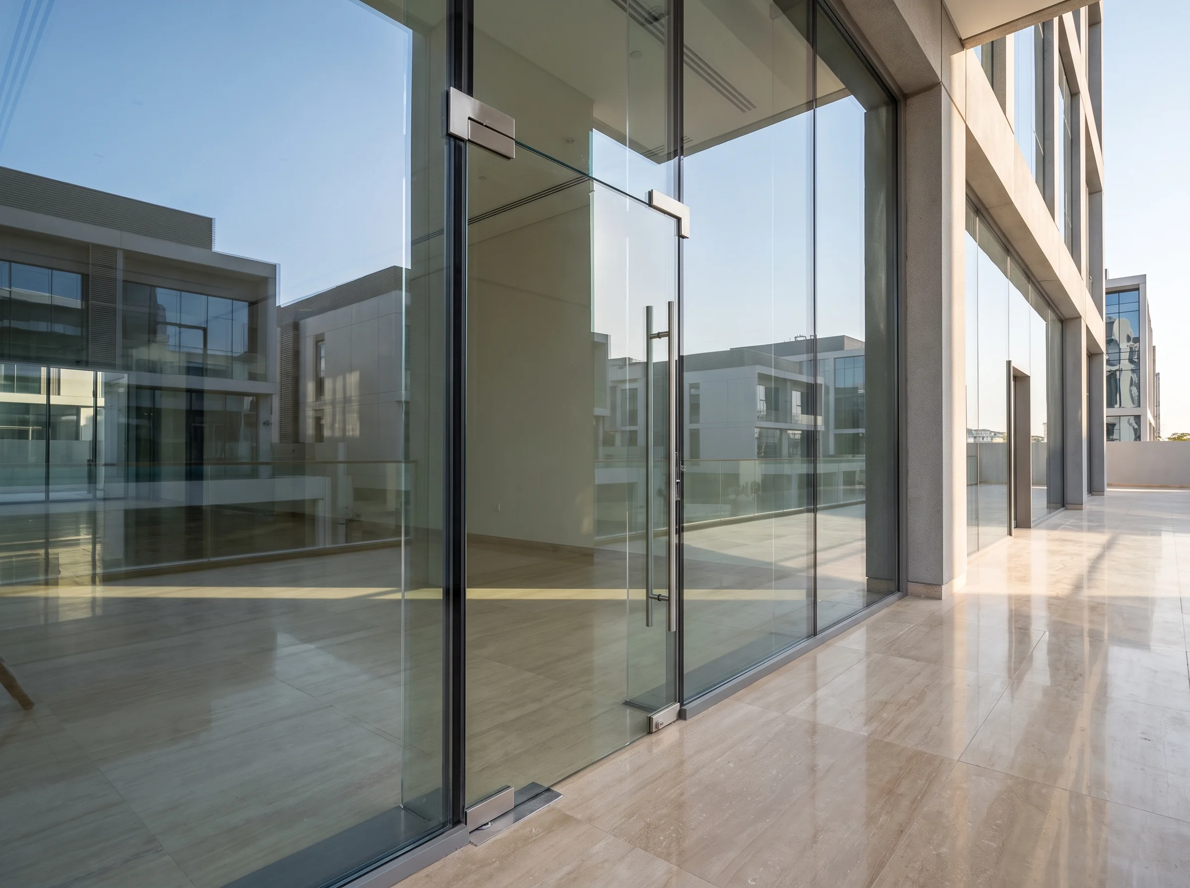 Frameless glass doors in a modern commercial interior