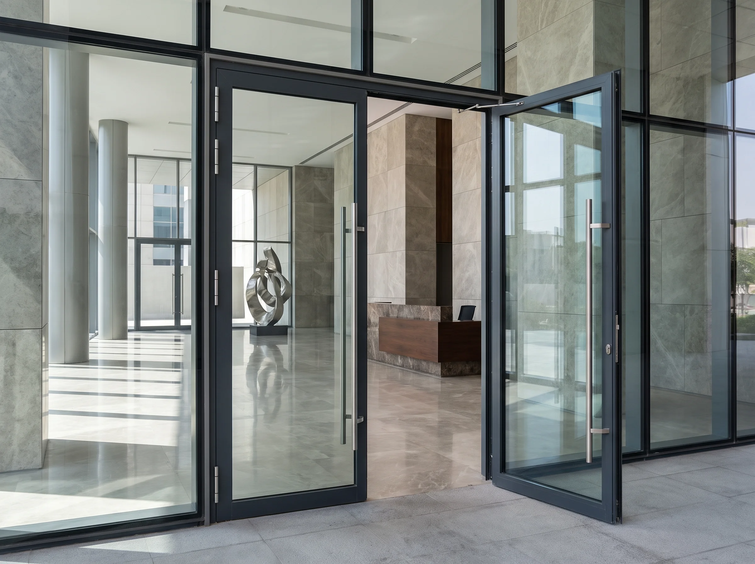 Hinged glass doors with aluminium frames in a modern interior