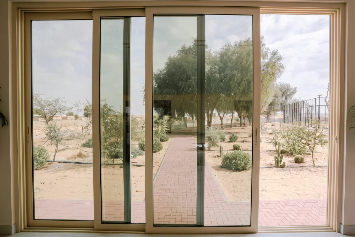 Aluminium sliding door with glass panels in a residential interior