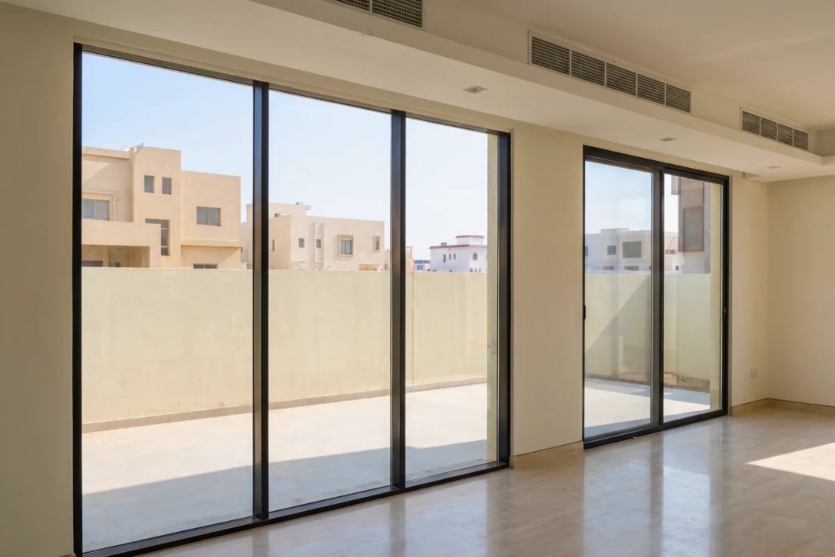 Aluminium sliding glass doors in a modern residential interior