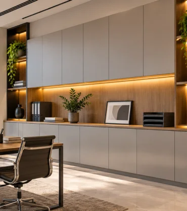 Custom wall cabinets in Dubai with modern office storage and display shelving