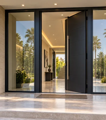 Modern aluminium entrance doors in Dubai with black frames and floor-to-ceiling glass panels